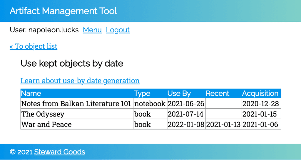 Artifacts Management Tool showing use-by dates