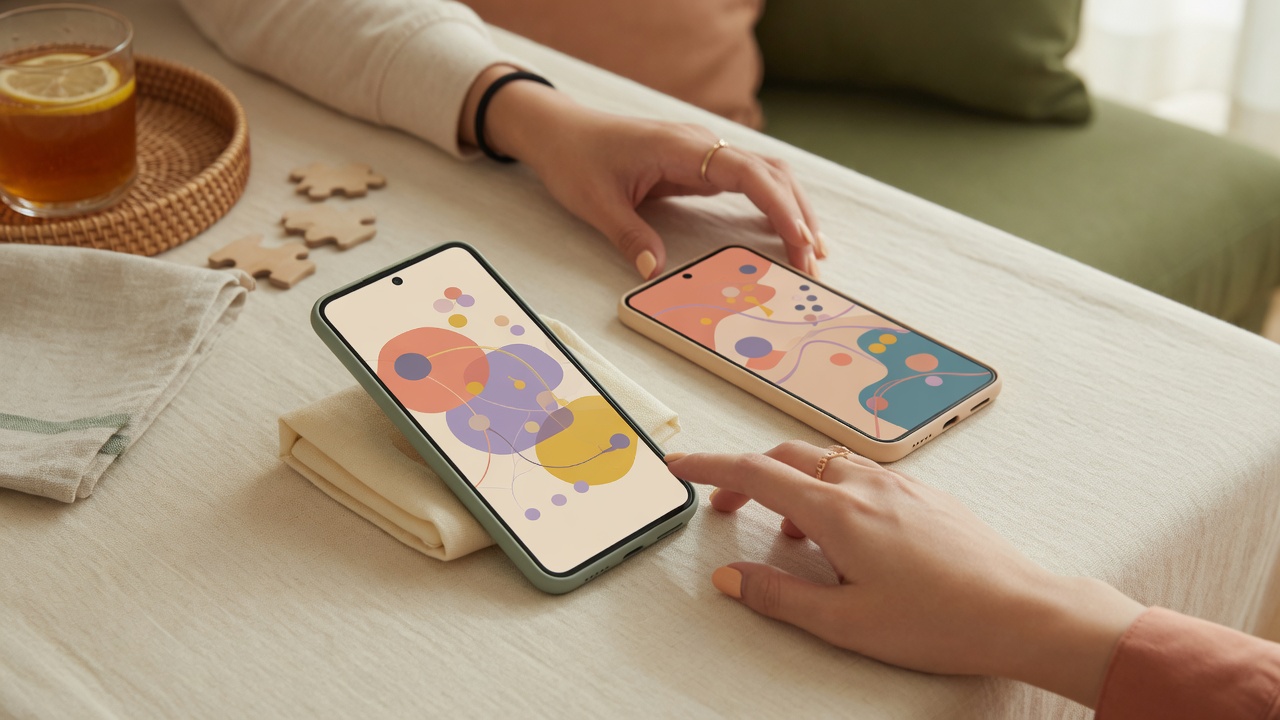 Two smartphones on a warm cream surface with hands reaching toward them, as if two people are mid co-op game on separate devices