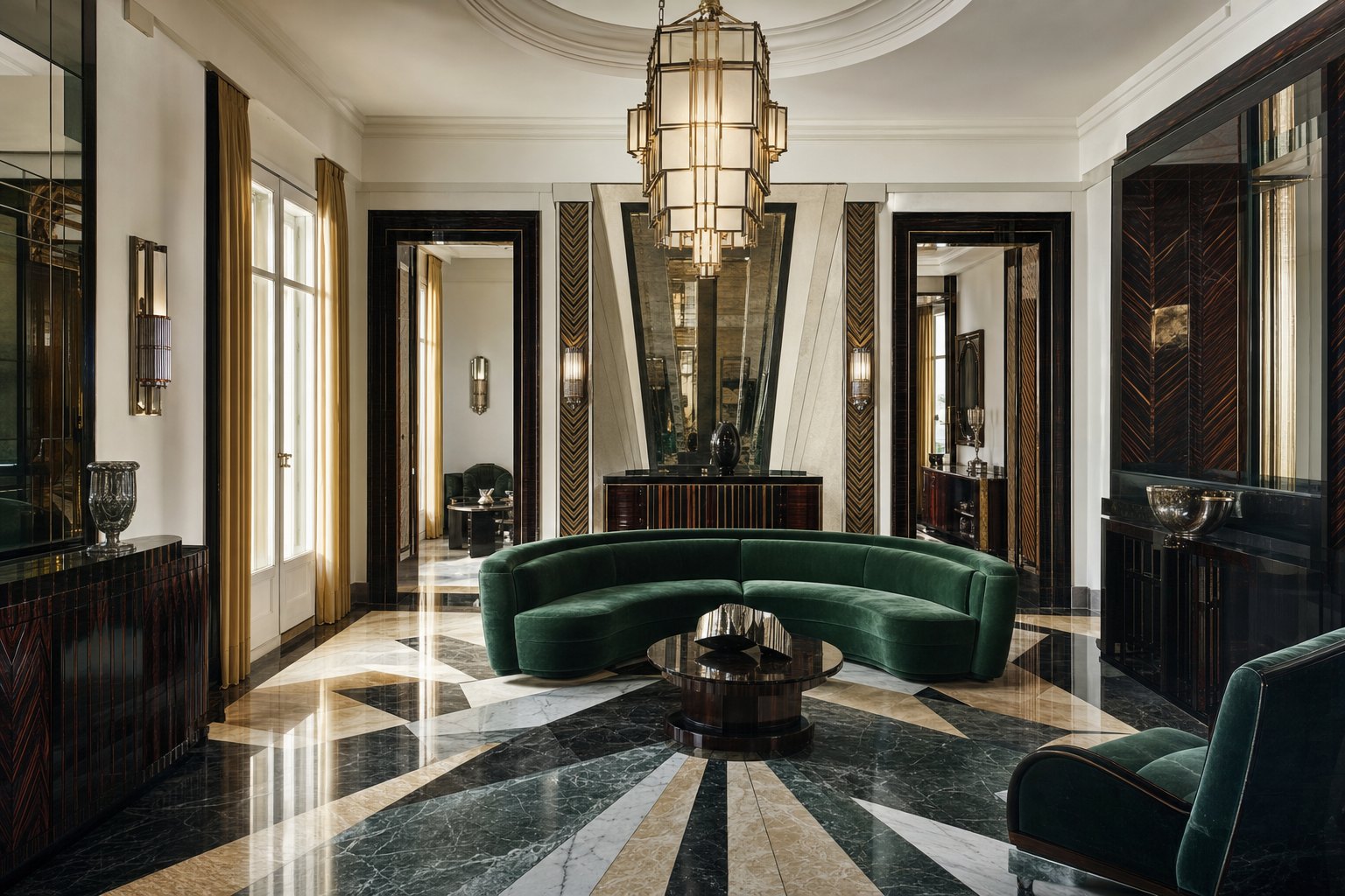 Glamorous Art Deco lounge with stepped geometry, emerald upholstery, black lacquer, brass, and geometric lighting