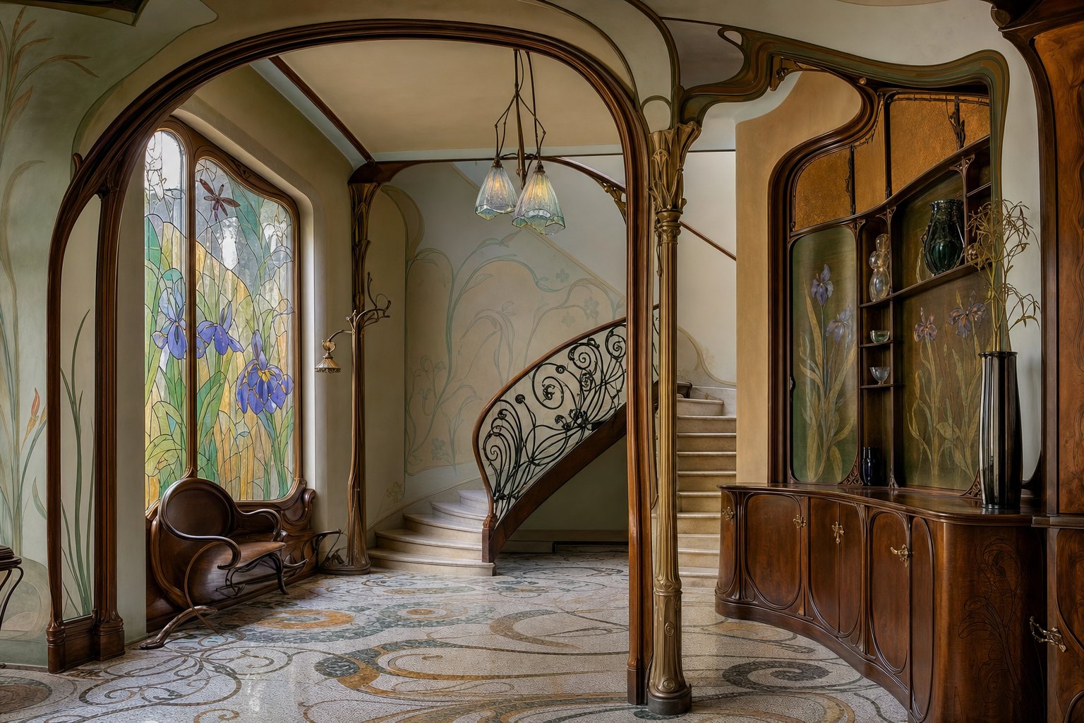 Art Nouveau hall with sinuous carved wood arches, stained-glass irises, botanical murals, and a curved staircase