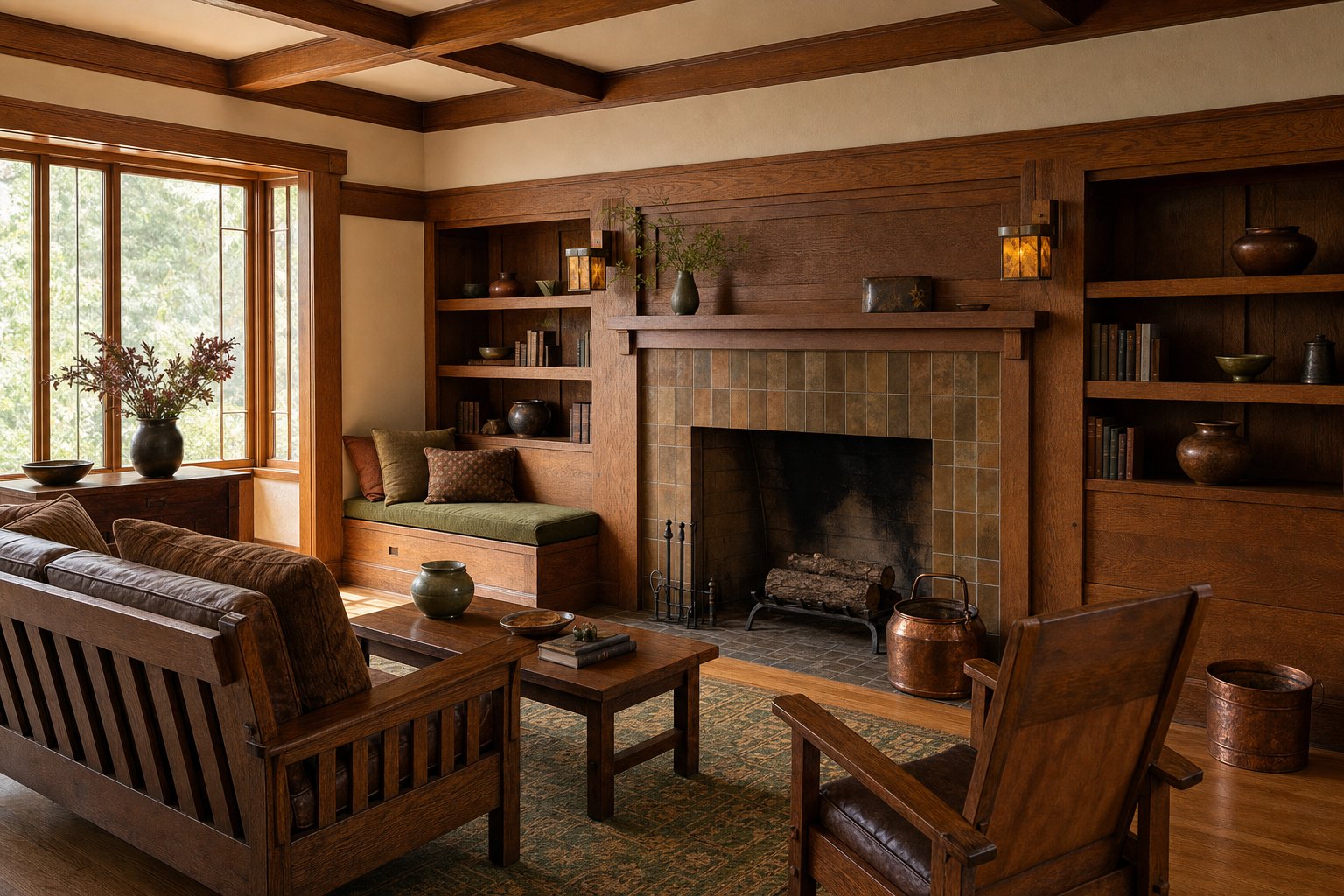 Arts and Crafts room with oak built-ins, visible joinery, leaded glass, copper details, and earthy textiles