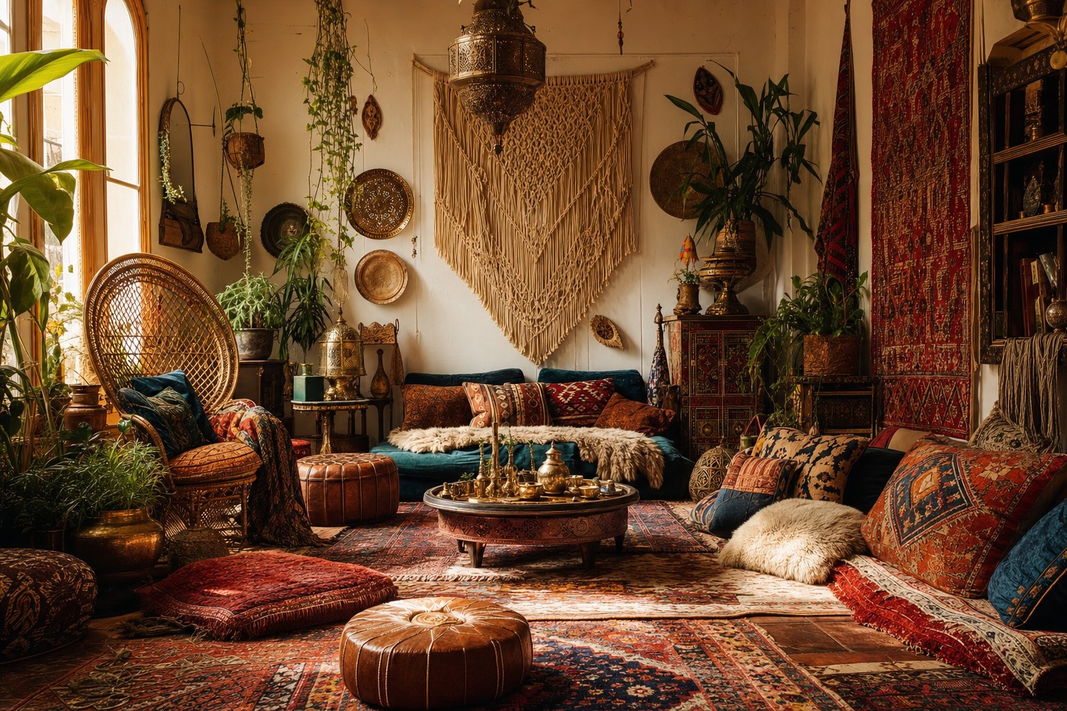 Bohemian room layered with Moroccan rugs, floor cushions, rattan, macramé, brass, warm colors, and hanging plants