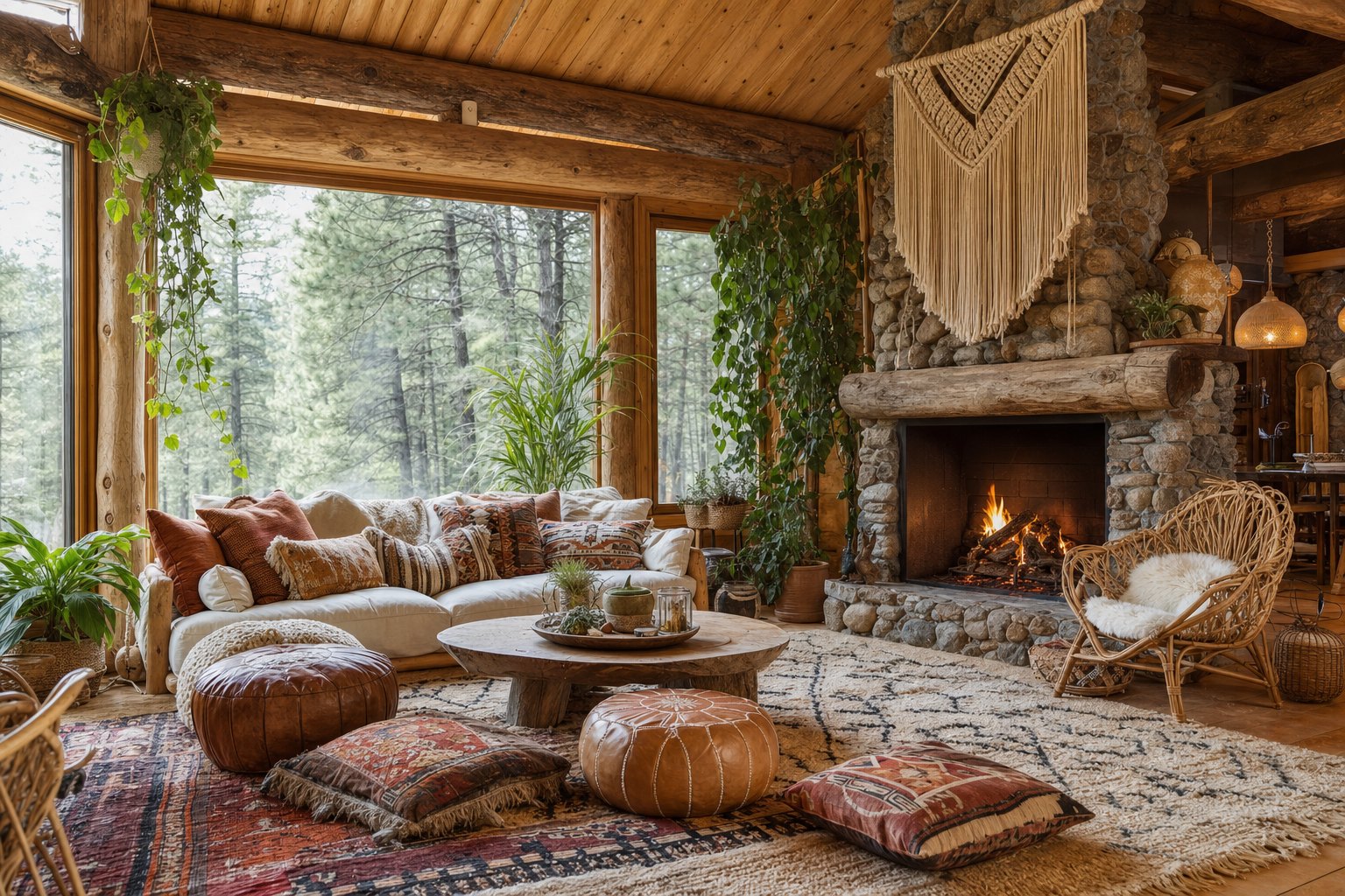 Mountain Boho room with timber and stone, kilim rugs, woven wall hangings, rattan, leather poufs, and abundant plants