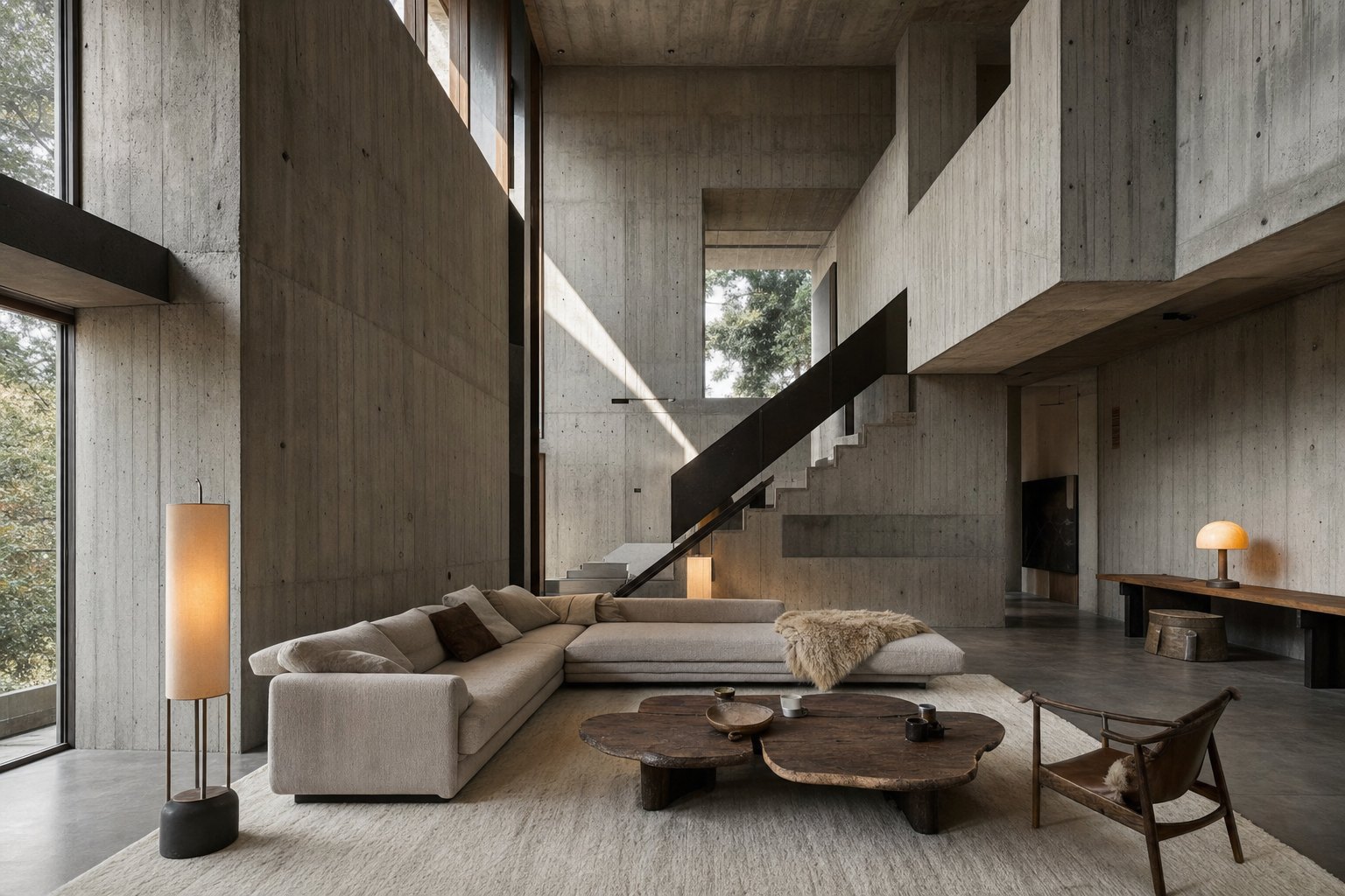 Brutalist living room with monumental board-formed concrete walls, deep windows, a low sofa, raw wood, and warm lamps
