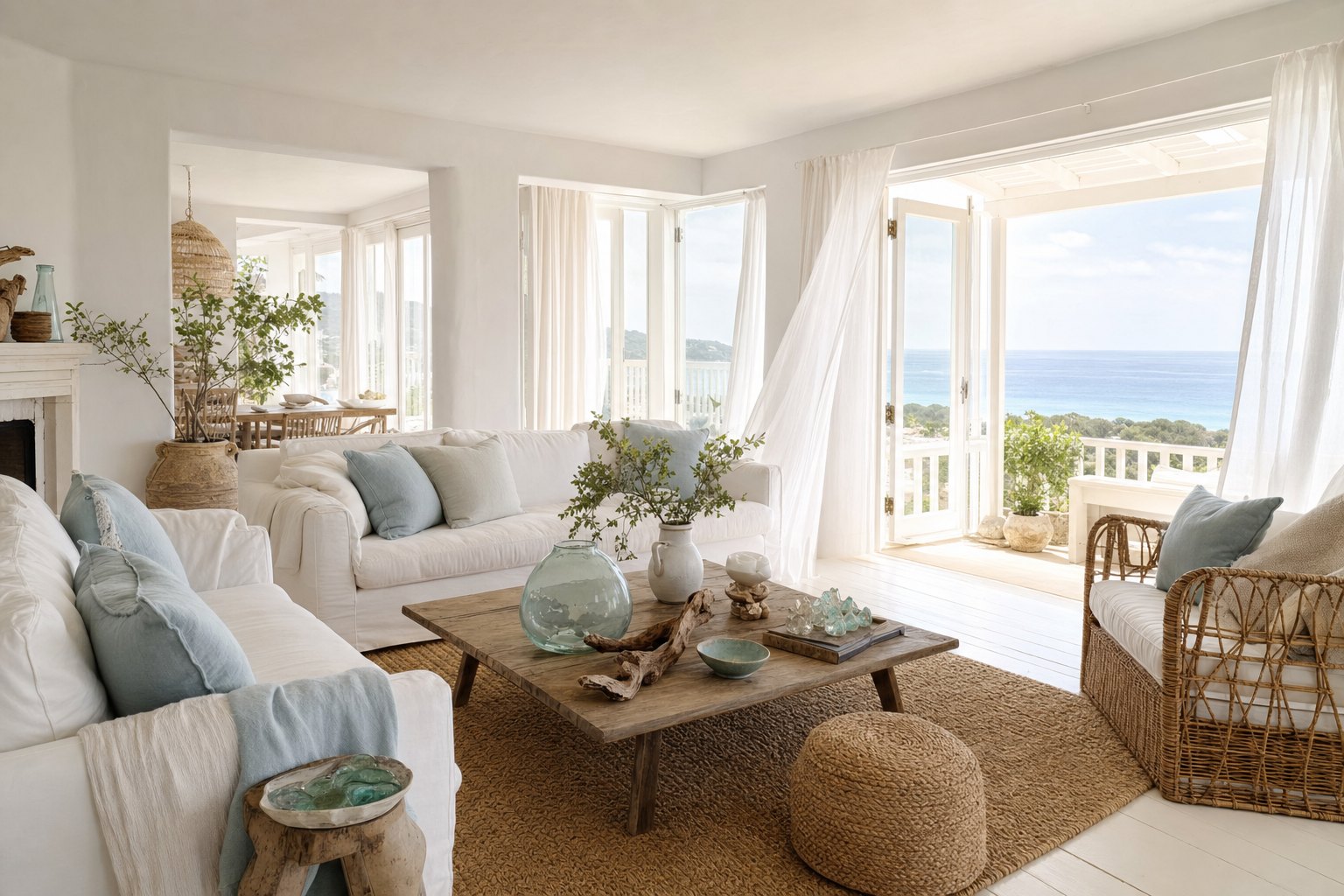 Airy Coastal room with white walls, pale floors, linen slipcovers, rattan, jute, and watery blue accents