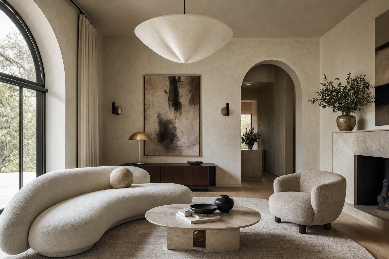 Contemporary living room with curved furniture, warm neutrals, textured plaster, mixed metals, and sculptural lighting