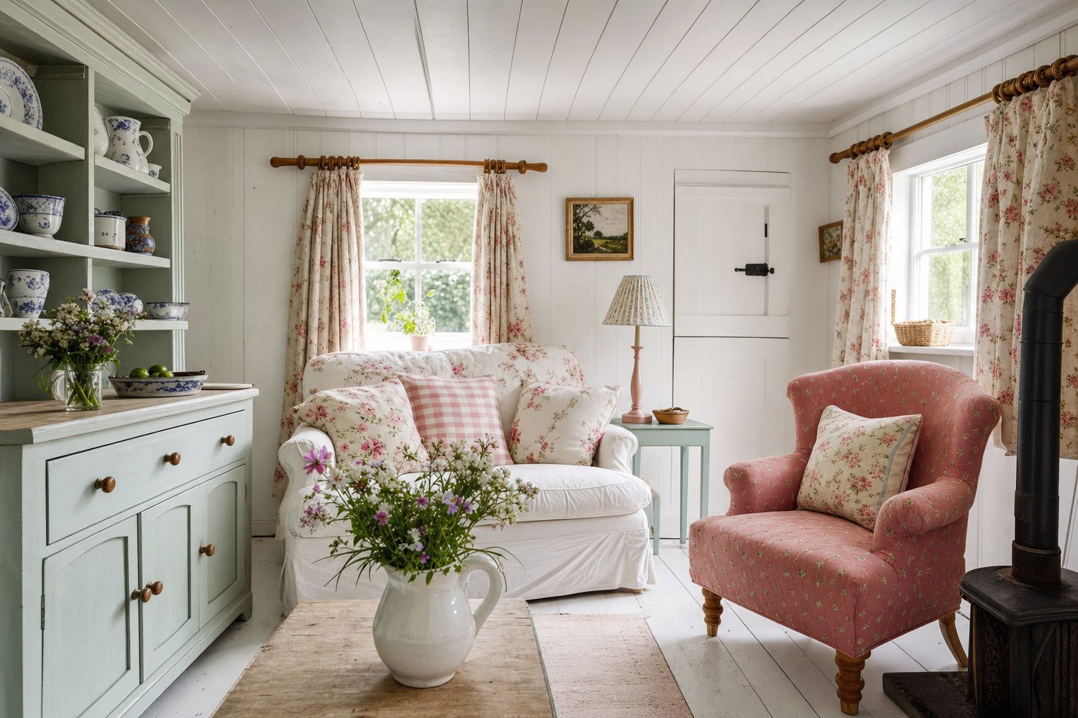 Cheerful Cottage interior with beadboard, painted floors, floral and gingham textiles, open shelves, and pastel furniture