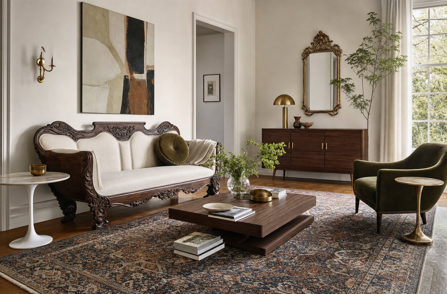 Eclectic room mixing a Victorian settee, modern table, contemporary art, patterned rug, and repeated colors across periods