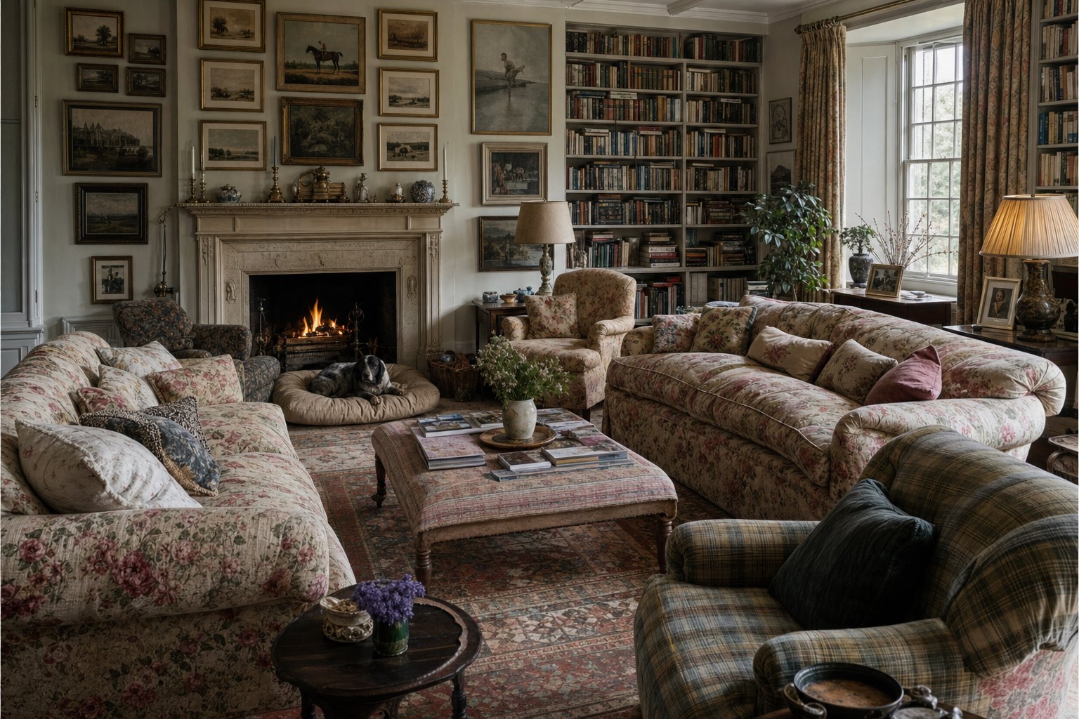 English Country living room with floral sofas, plaid chair, layered rugs, bookshelves, framed art, a fireplace, and a dog bed