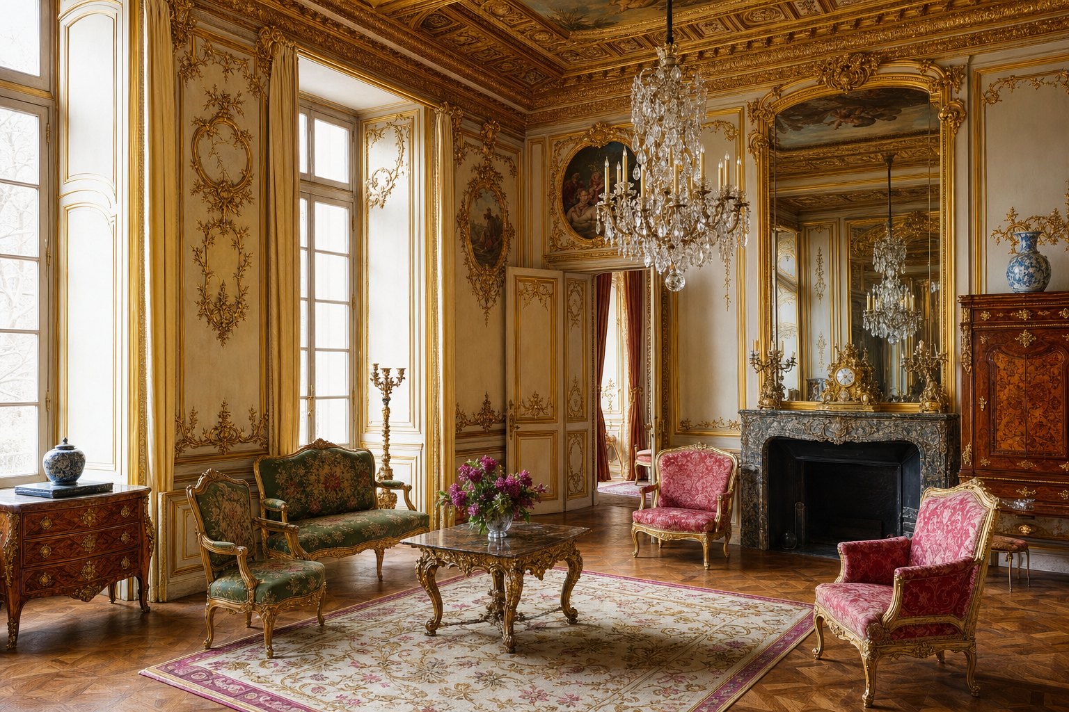 French Baroque salon with gilded wall panels, crystal chandeliers, mirrors, carved furniture, and silk upholstery