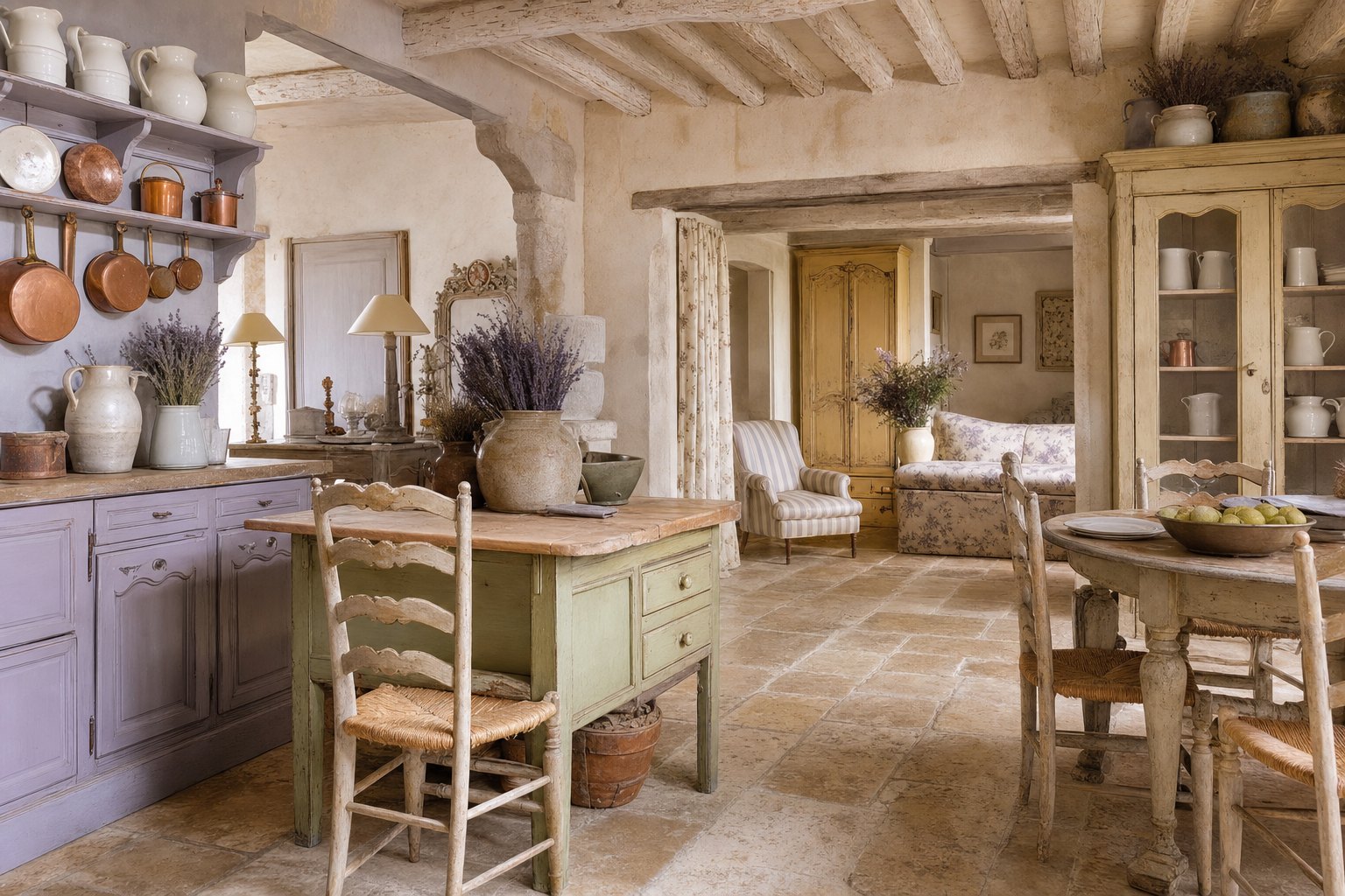 French Country room with exposed beams, limestone, faded toile, rush-seat chairs, copper, and softly distressed painted furniture