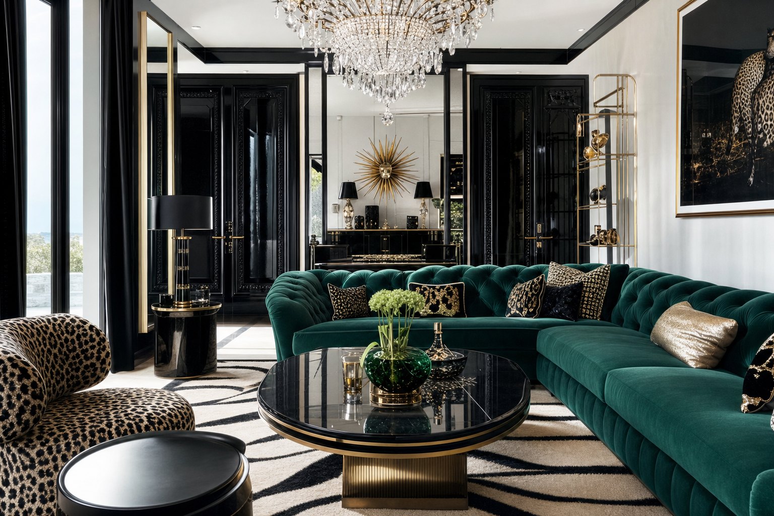Hollywood Glam lounge with mirrored furniture, velvet curves, black and white contrast, brass, crystal, and animal print