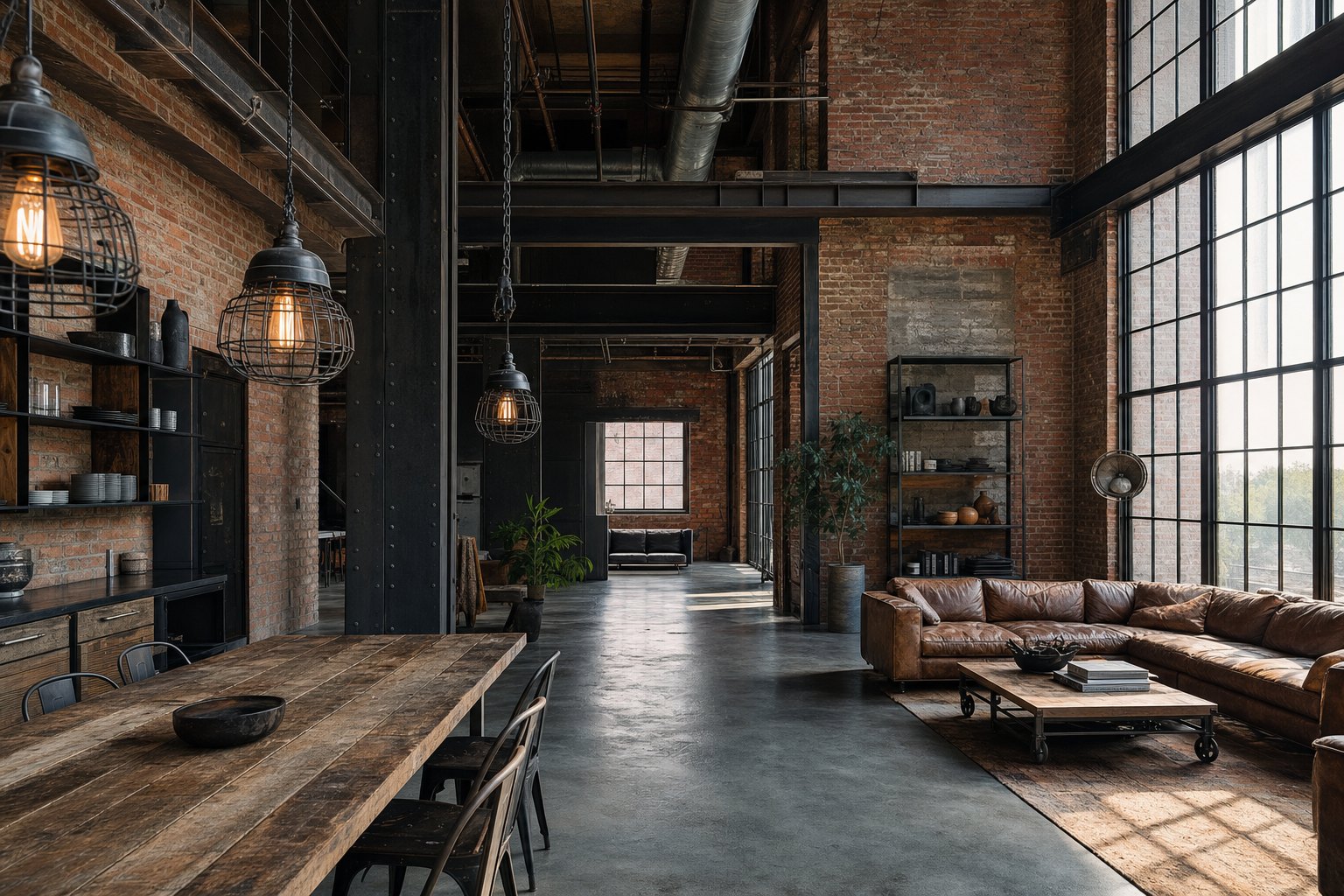 Industrial loft with exposed brick, steel columns, visible pipes and ducts, concrete floor, reclaimed wood, and leather seating