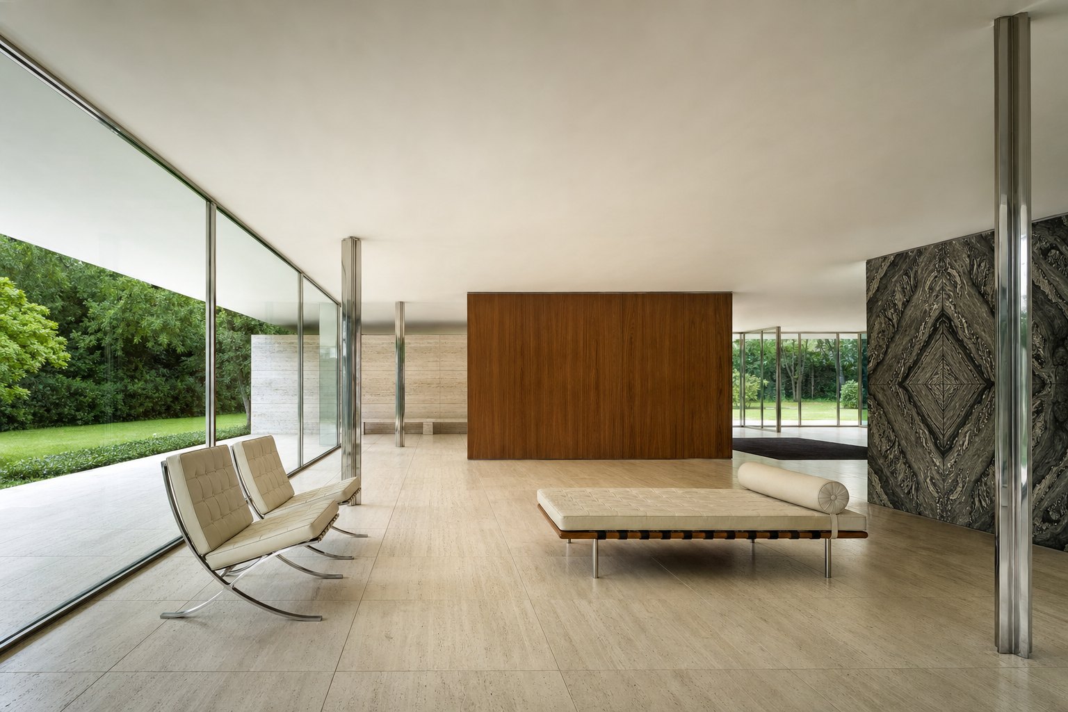 International Style interior with glass walls, slender columns, floating partitions, white surfaces, and sparse sculptural furniture