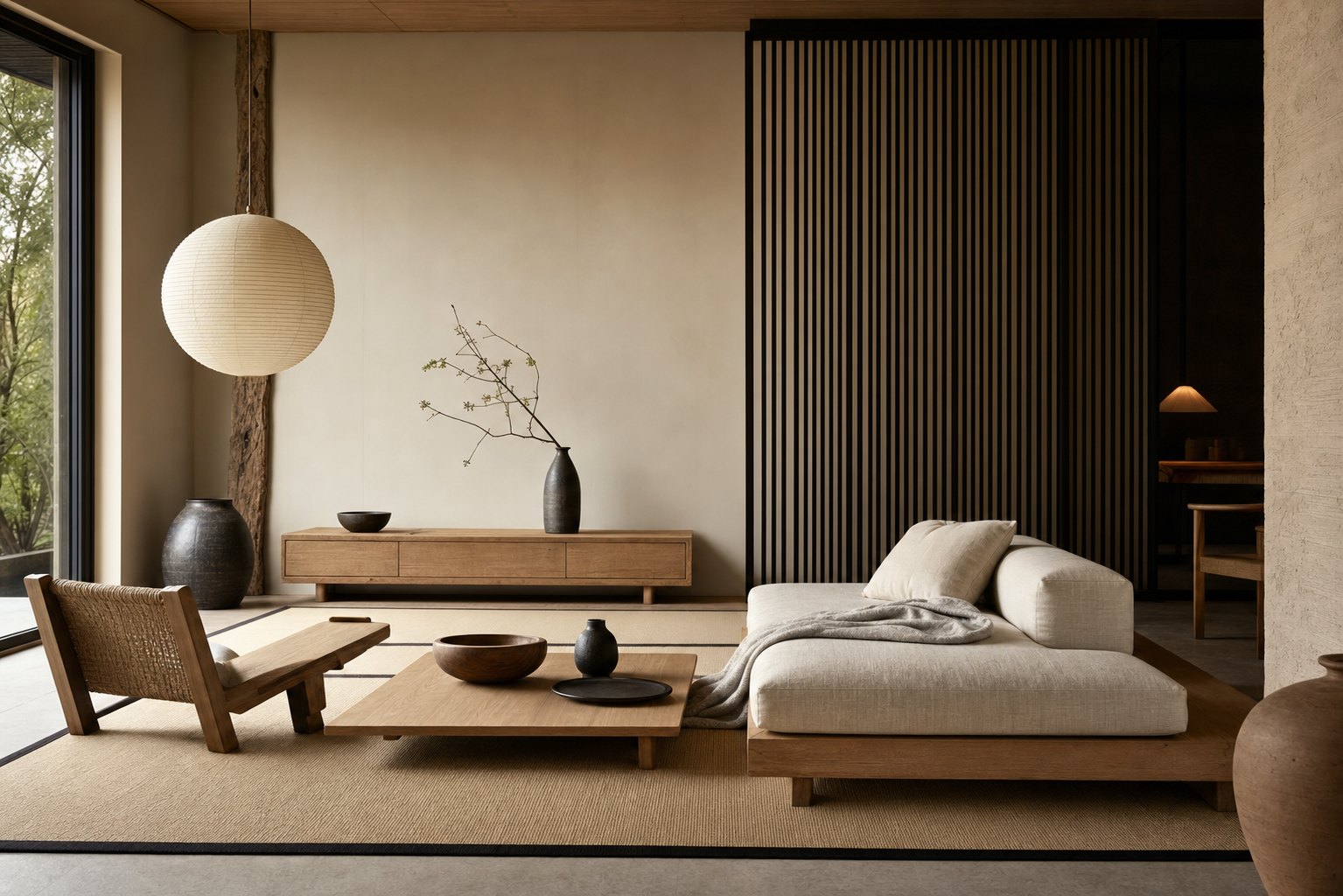 Japandi room with low furniture, pale wood, charcoal accents, handmade ceramics, linen, and generous negative space