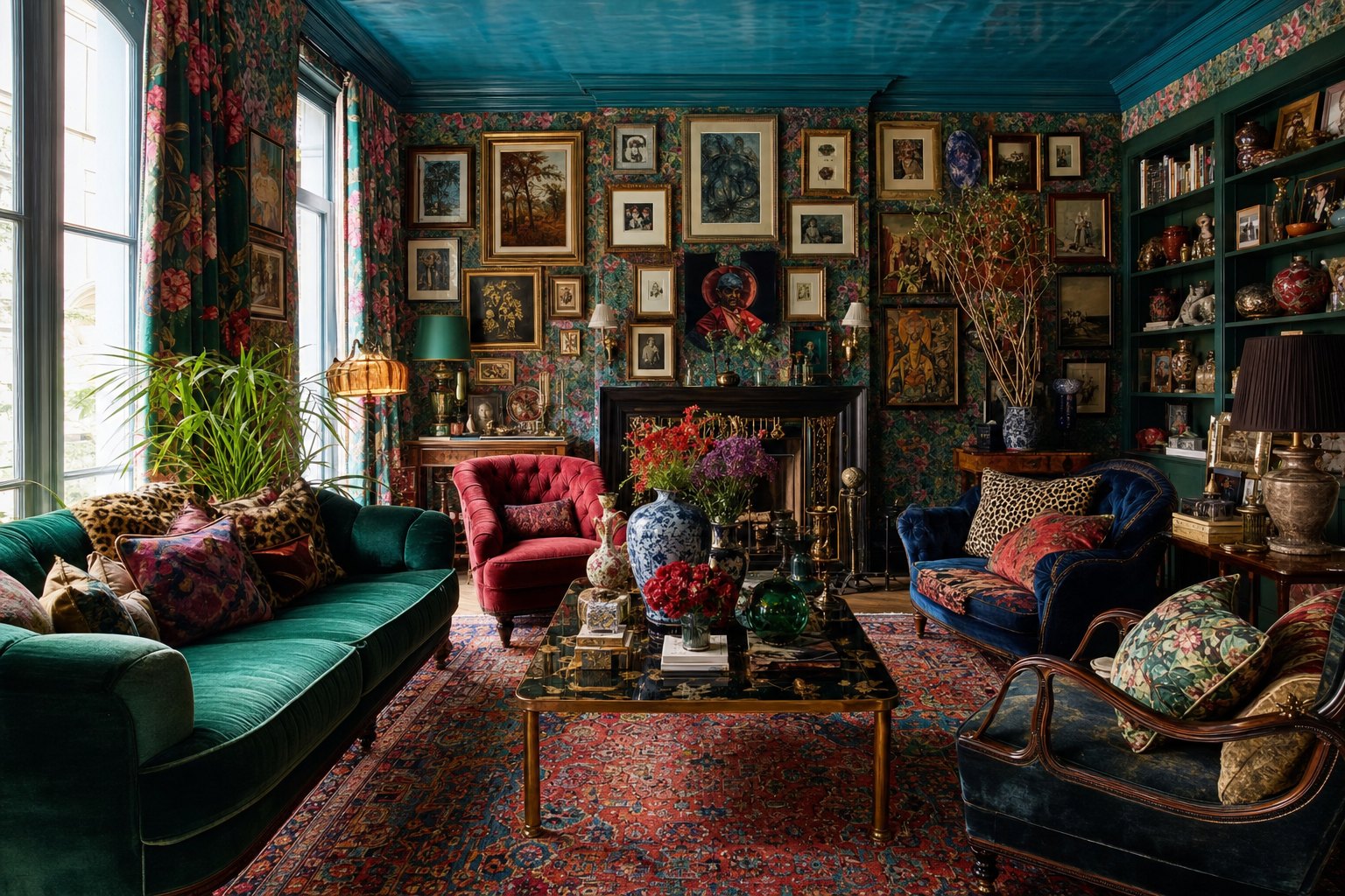 Maximalist room with saturated walls, patterned upholstery, bold wallpaper, dense gallery art, and displayed collections