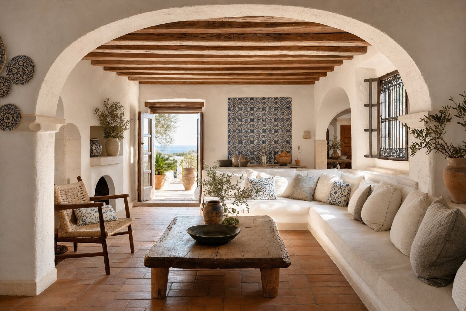 Mediterranean room with thick white plaster walls, arches, timber beams, terracotta tile, blue ceramics, and wrought iron