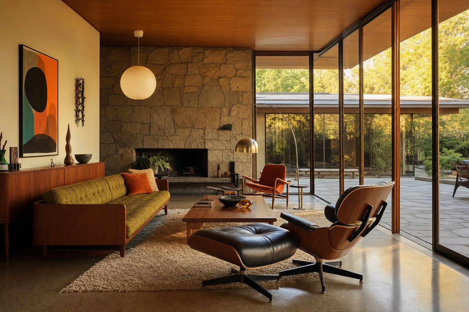 Mid-Century Modern living room with walnut furniture, tapered legs, low seating, large windows, and mustard and teal accents