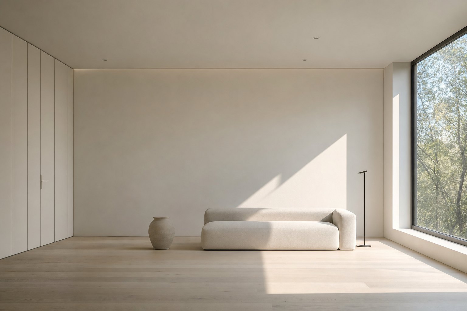 Minimalist room with a single pale sofa, concealed storage, light wood floor, one clay vessel, and strong natural light