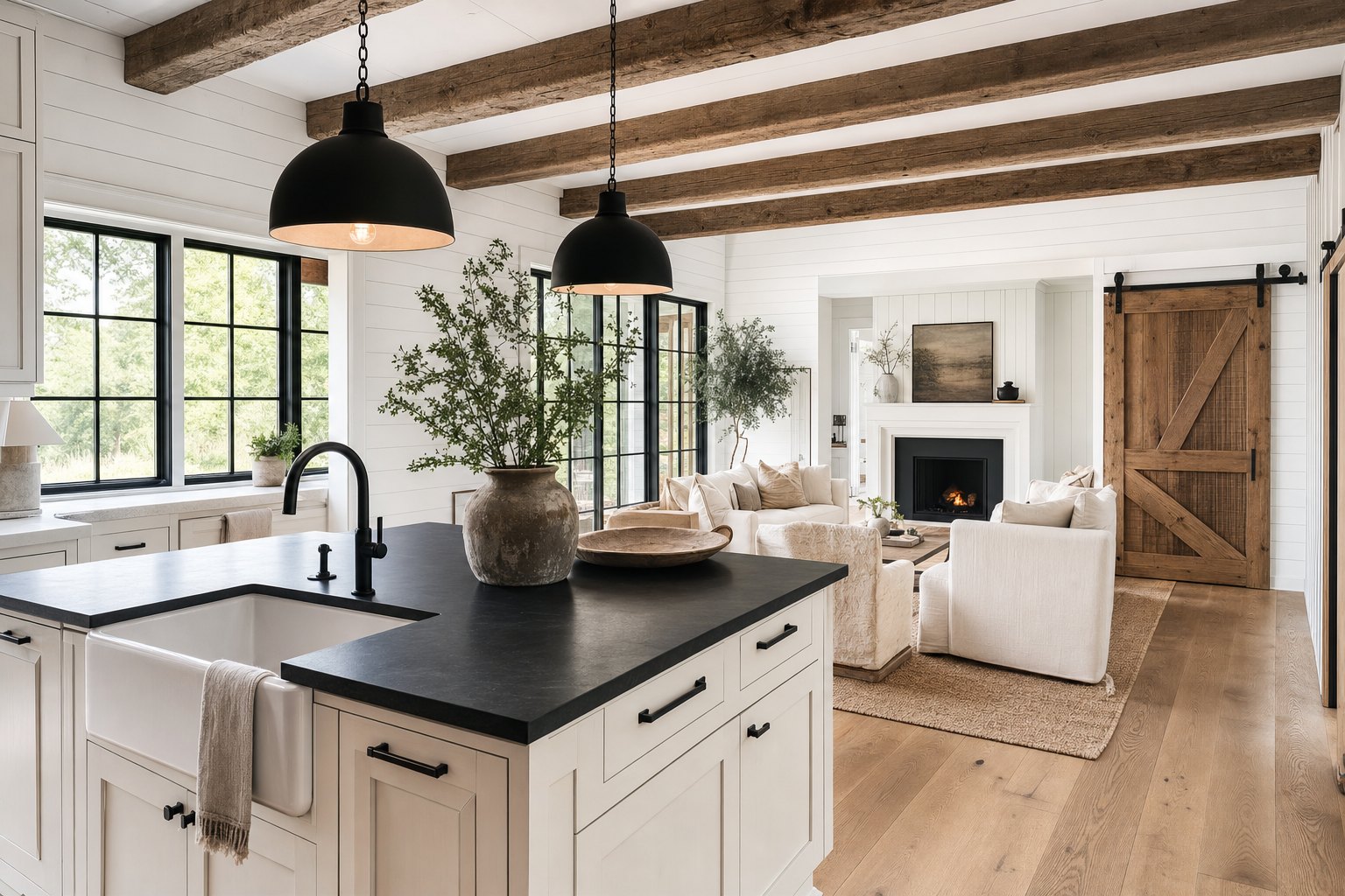 Modern Farmhouse kitchen with white shiplap, black windows, an apron sink, reclaimed beams, and warm wood accents