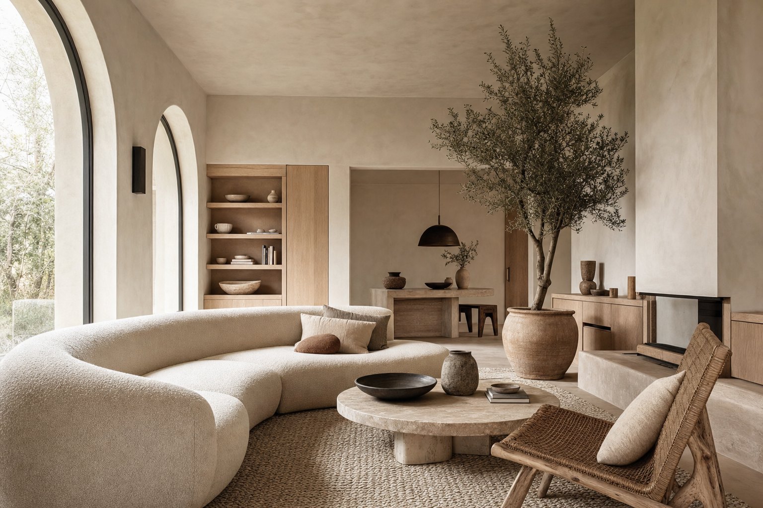 Organic Modern room with curved cream seating, limewash walls, oak, travertine, linen, woven texture, and handmade ceramics