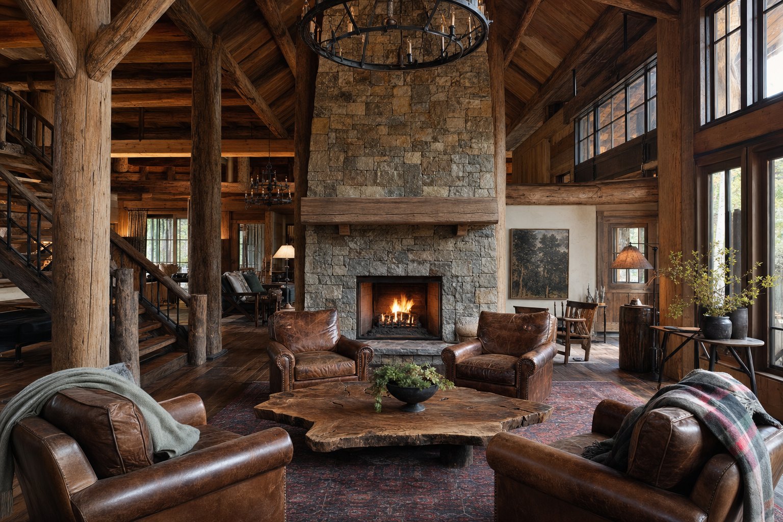 Rustic lodge interior with massive timber beams, stone fireplace, leather seating, live-edge wood, and wrought iron