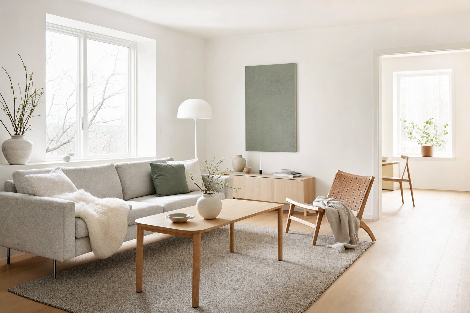 Scandinavian room with pale wood, white walls, simple furniture, wool textiles, and soft natural light