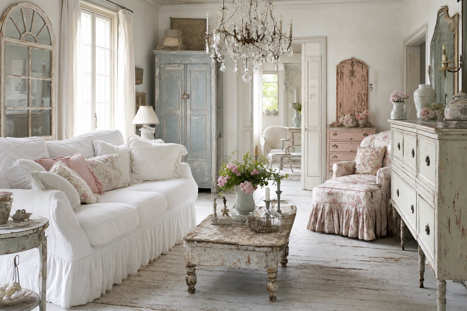 Shabby Chic room with white slipcovers, pale floral fabric, chippy painted furniture, tarnished metal, and blush accents