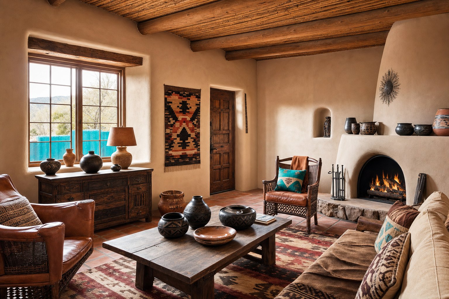 Southwestern room with rounded adobe walls, vigas, a kiva fireplace, Saltillo tile, woven textiles, pottery, and turquoise accents