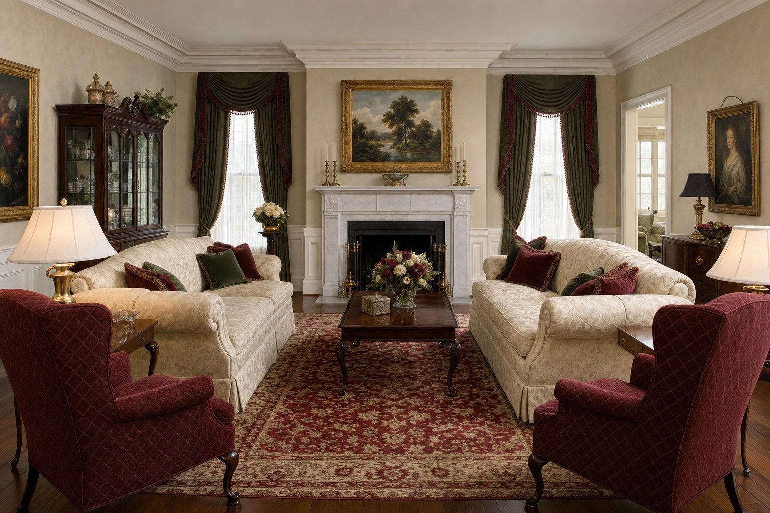 Formal Traditional living room with symmetrical seating, dark wood, crown molding, and a patterned rug
