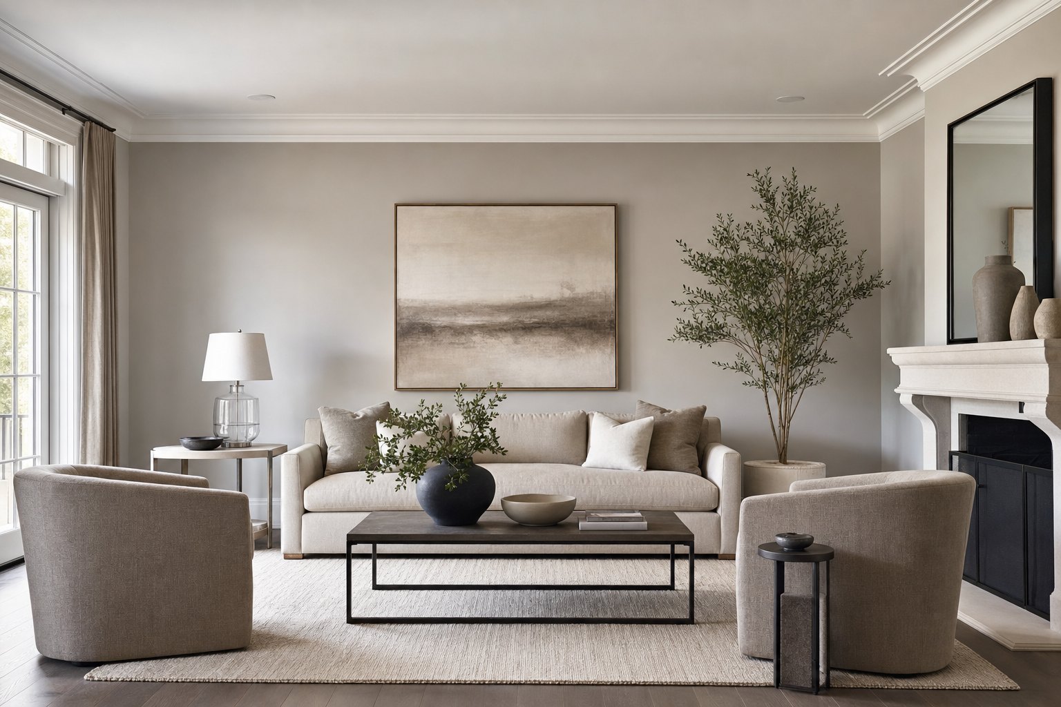 Transitional living room with simplified classic furniture, clean contemporary finishes, cream and taupe textiles, and restrained accessories