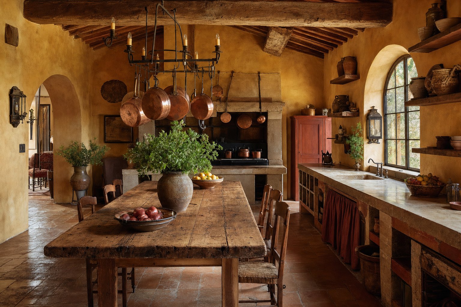 Rustic Tuscan kitchen with rough gold plaster, heavy beams, terracotta floor, stone counters, copper, and distressed wood