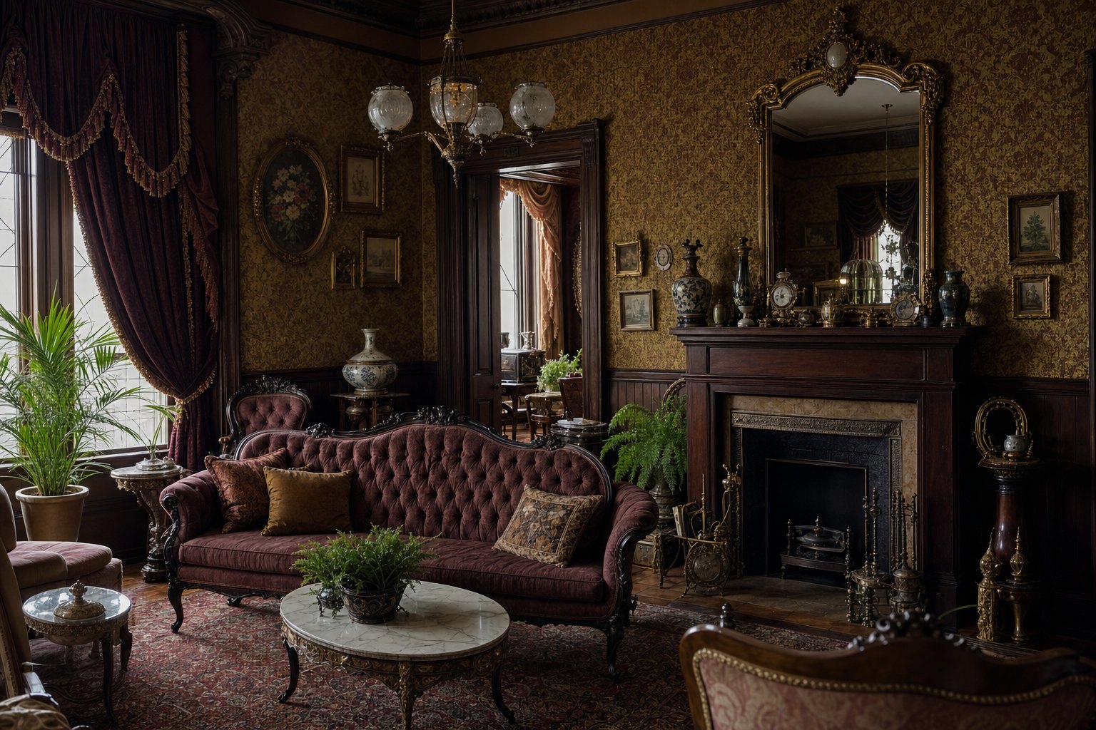 Ornate Victorian parlor with dark carved wood, patterned wallpaper, heavy drapery, and layered decoration