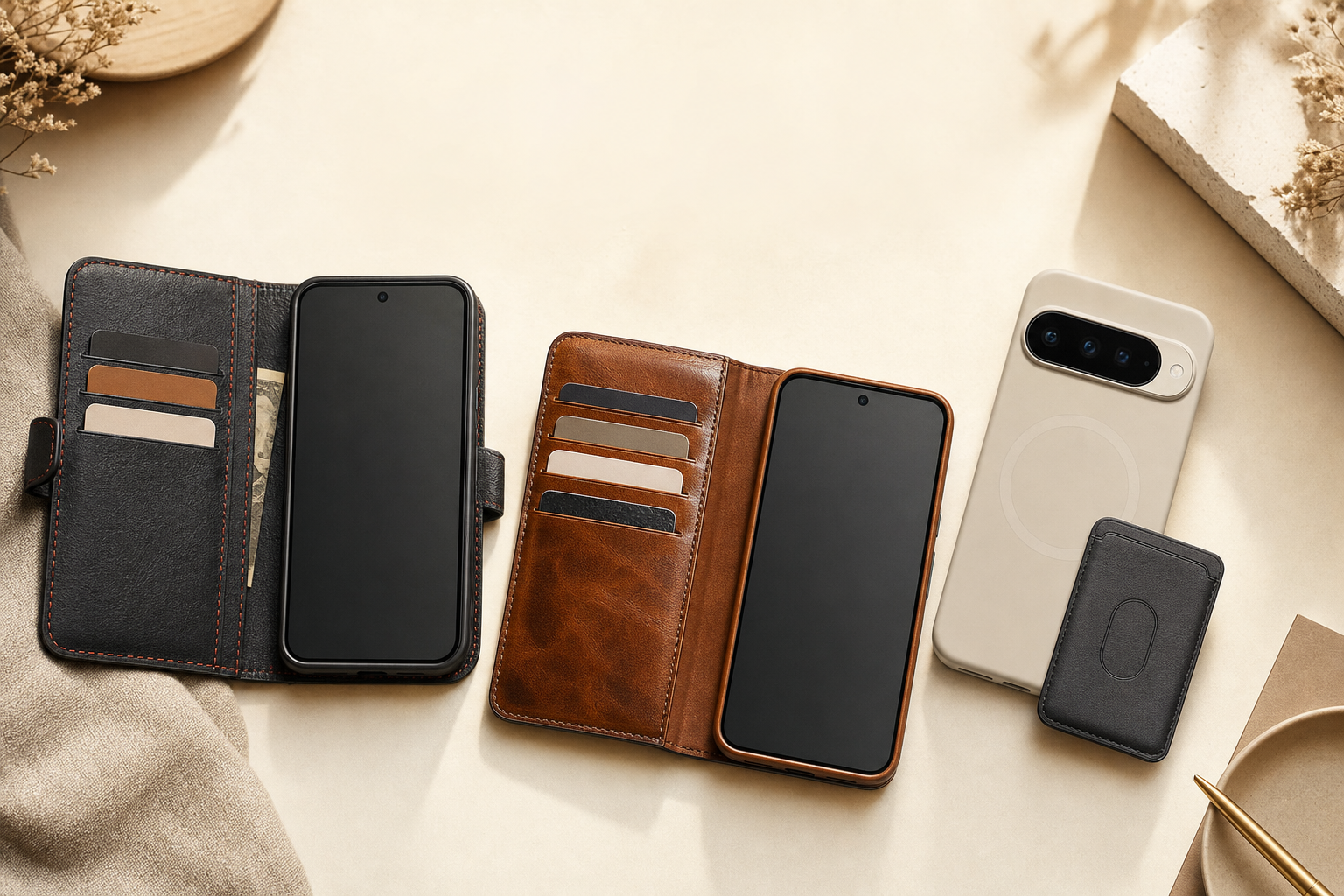 Three phone case styles on a warm cream surface: a black leather folio wallet open with cards and cash, a brown leather folio with four card slots, and a light silicone magnetic case with a slim card wallet beside it