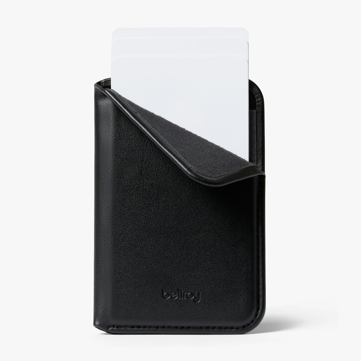 Bellroy Mag Wallet in black leather with cards fanned out