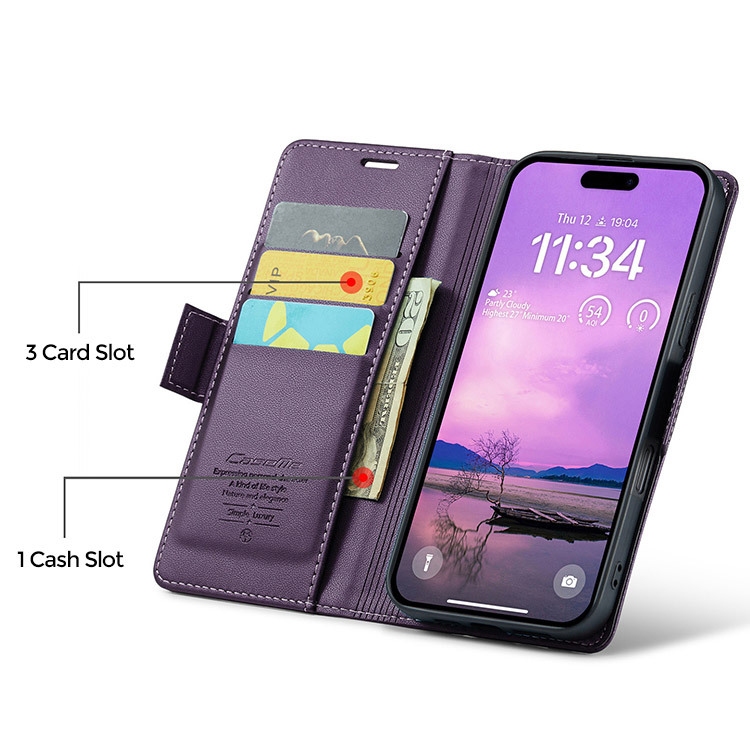 Casebus HARPER in purple open showing three card slots and one cash slot next to the phone