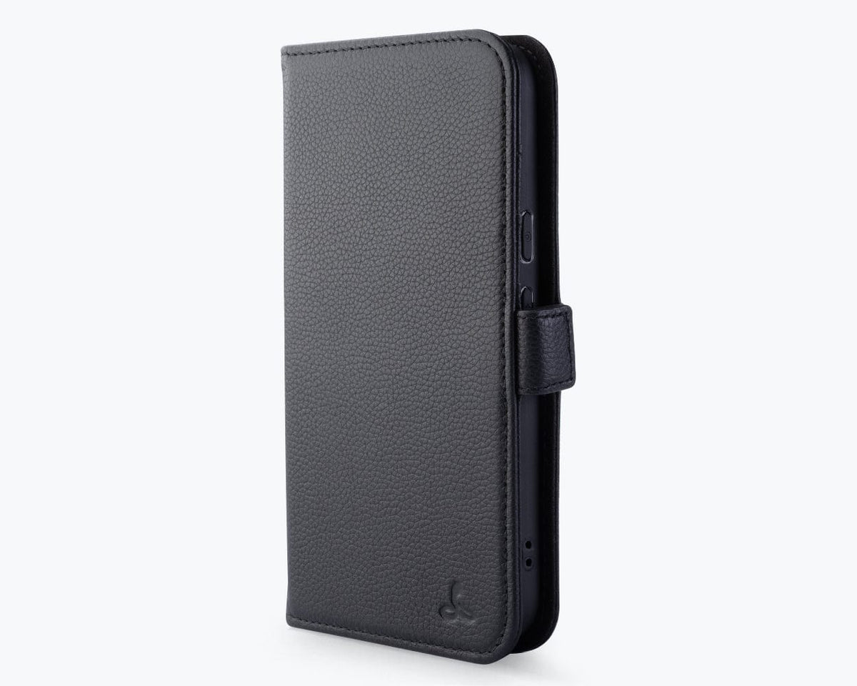 Snakehive Metro leather wallet phone case in Jet Black, closed folio with magnetic strap and embossed logo