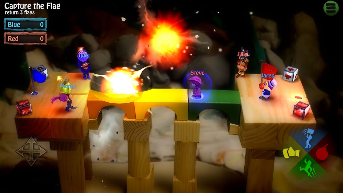 BombSquad Capture the Flag match - cartoon characters fighting on floating wooden platforms with explosions