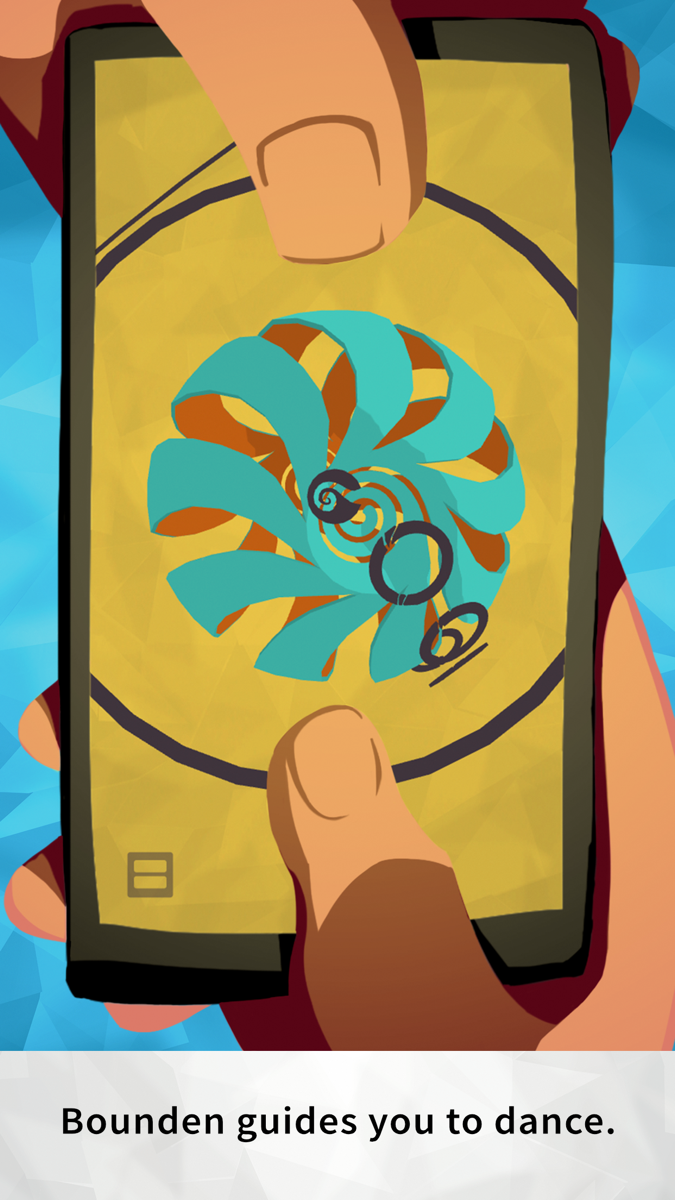 Bounden - two hands holding opposite ends of one phone with a swirling dance guide on screen