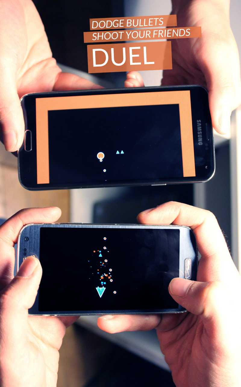 DUAL! - two people holding phones pointing at each other, bullets flying between screens