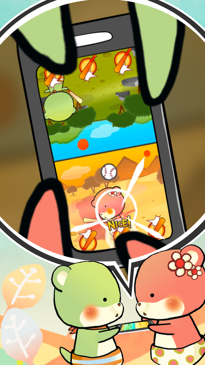 Duel Otters key art - two cartoon otters sharing one phone for a split-screen baseball minigame