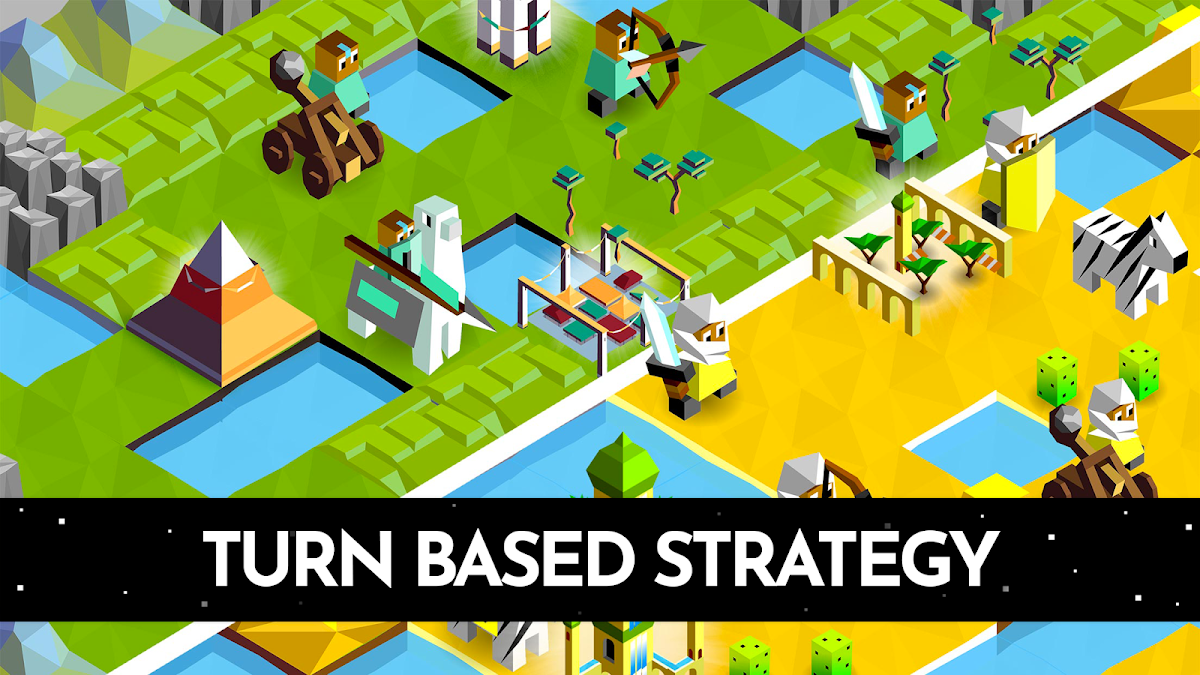 The Battle of Polytopia isometric map with tribes, units, and Turn Based Strategy banner