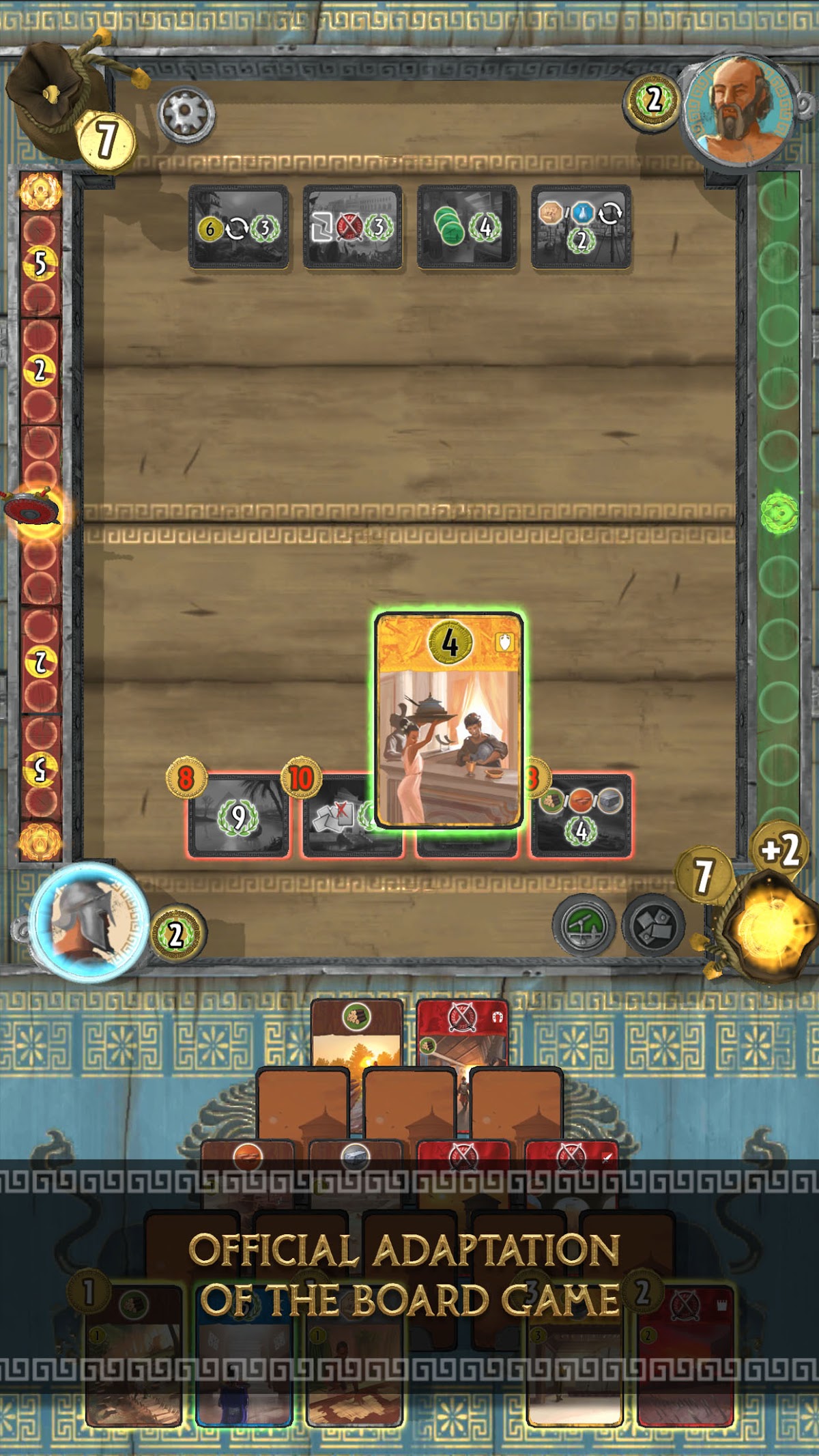 7 Wonders Duel app board - card pyramid, military track, and hand of cards with Official Adaptation of the Board Game banner