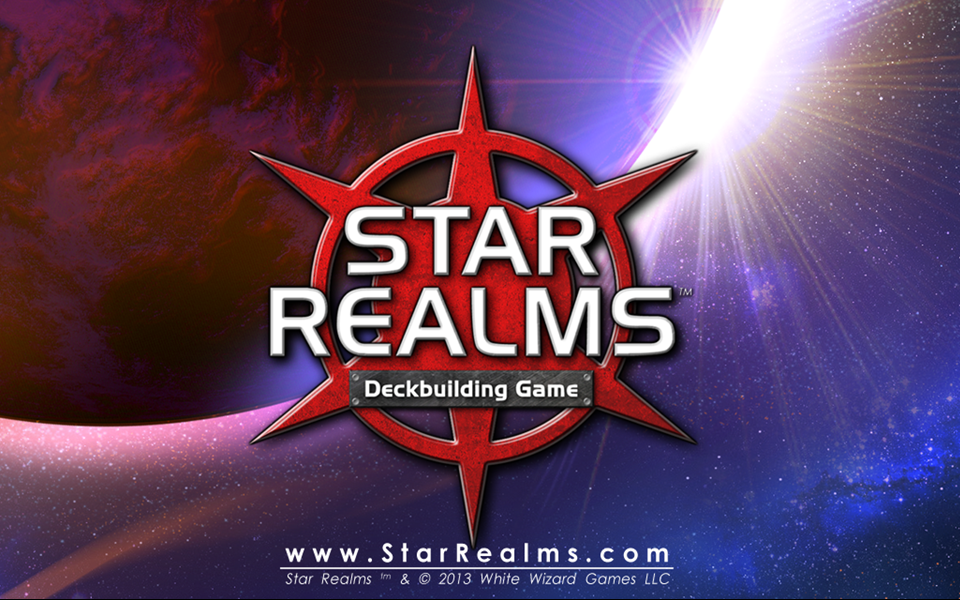Star Realms Deckbuilding Game logo over a purple nebula and red planet