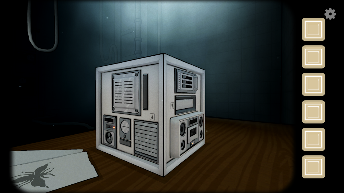 The Past Within gameplay - dim room with a puzzle machine cube, insect diagram on the floor, and inventory slots on the right