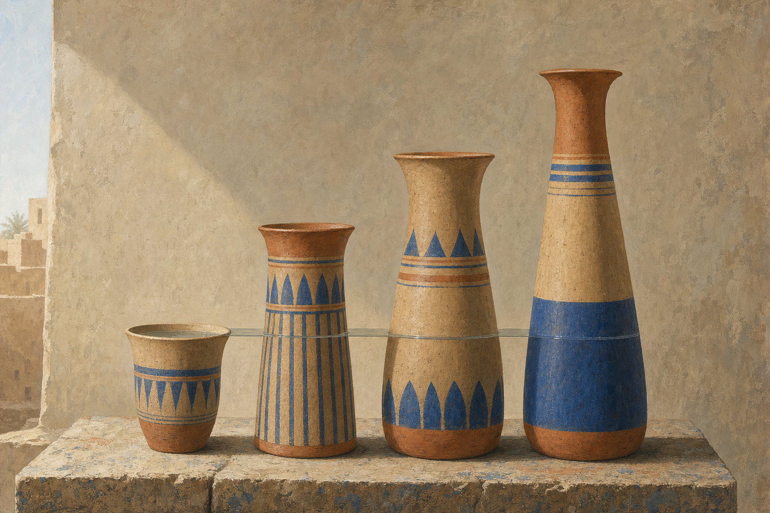 Four clay vessels of different heights on a stone table, water poured in until it settles at one level across all four.